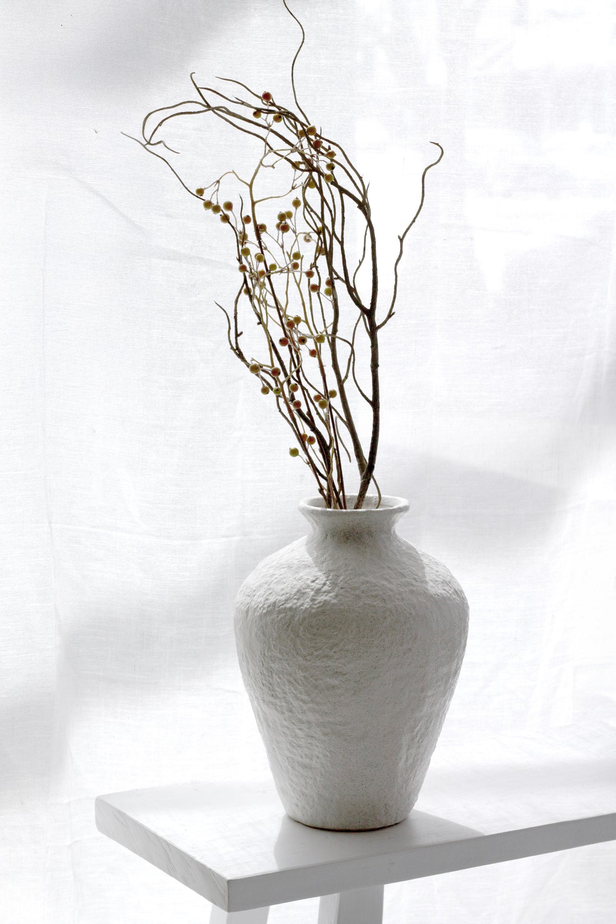 Lyra vase with a sculptural dried branch on a white plinth