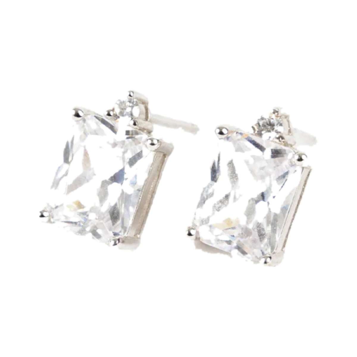 Emerald Cut Studs at an angle, showing the small round stone above each crystal