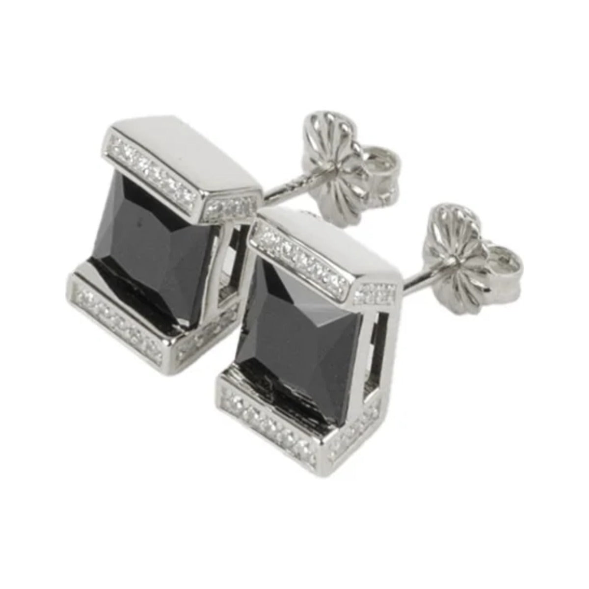 Engage Me Earrings by Federation, black emerald cut onyx in silver settings edged with crystals
