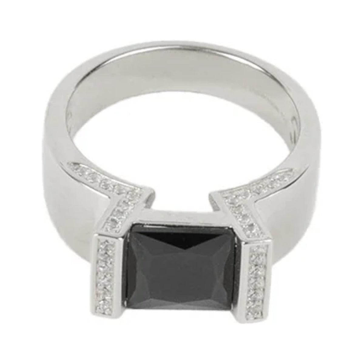 Engage Me Ring by Federation, wide silver band with an emerald cut black onyx edged in crystals