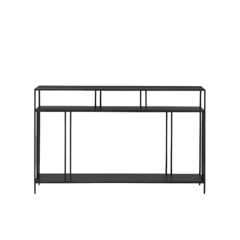 Lorenzo console table in black metal, a slim frame with an upper rail and lower shelf