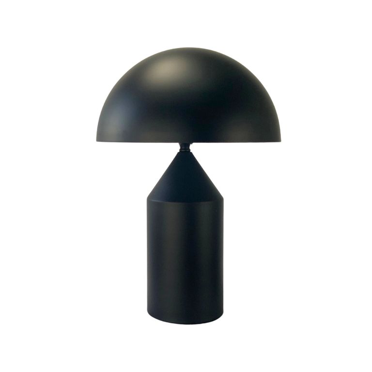 Black dome table lamp in close view, the matte shade meeting the conical base