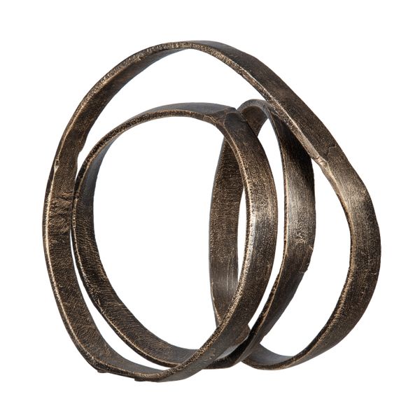 Metal knot sculpture of three interlocking bands in a dark textured bronze finish, on white