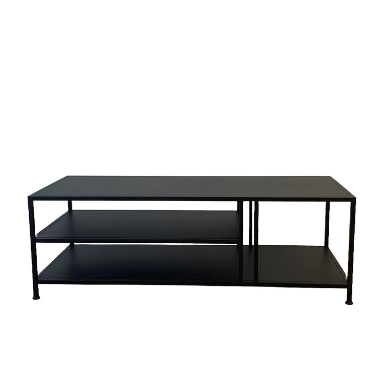 Lorenzo coffee table in black steel with an open frame and lower shelf, on a plain background