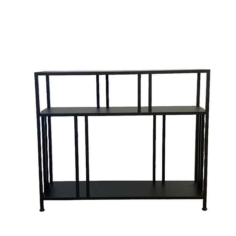 Slim Lorenzo console in black metal, a narrow frame with an upper rail and lower shelf