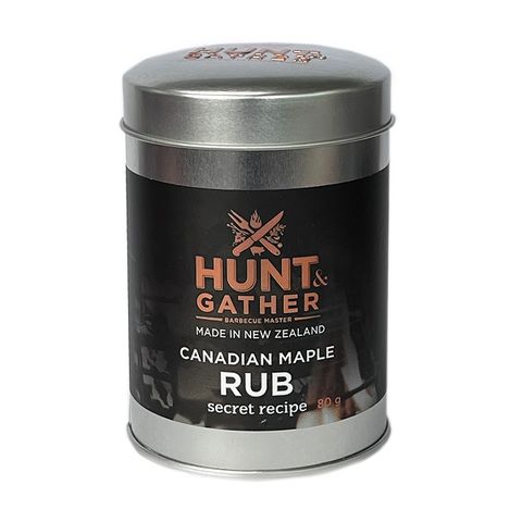 HUNT AND GATHER's Canadian Maple Rub 80g, perfect for BBQ season and enhancing the flavor of your dishes with a blend of herbs and spices. Gather around the grill and enjoy the deliciousness this rub brings to your meals.