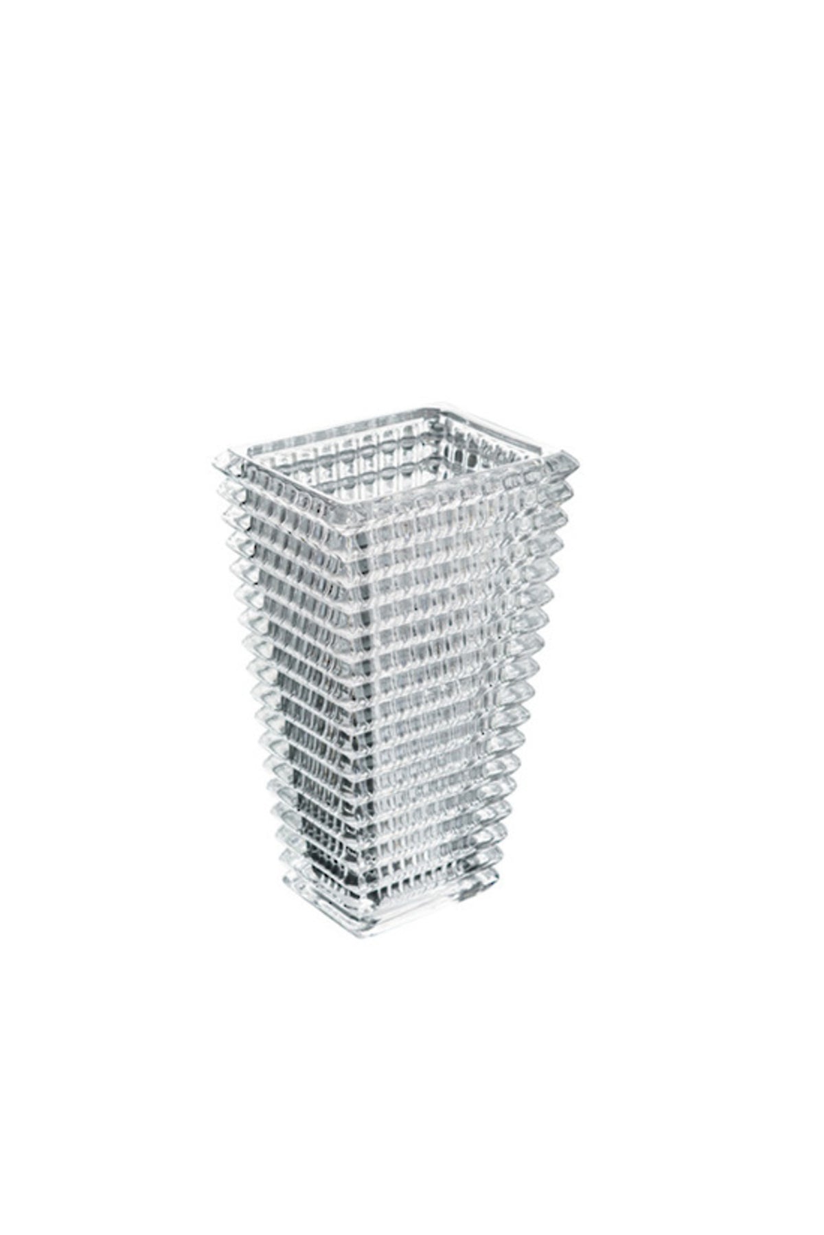 Small facet rectangle cut glass vase, 13.5 x 10 x 23cm, with ridged faceted sides