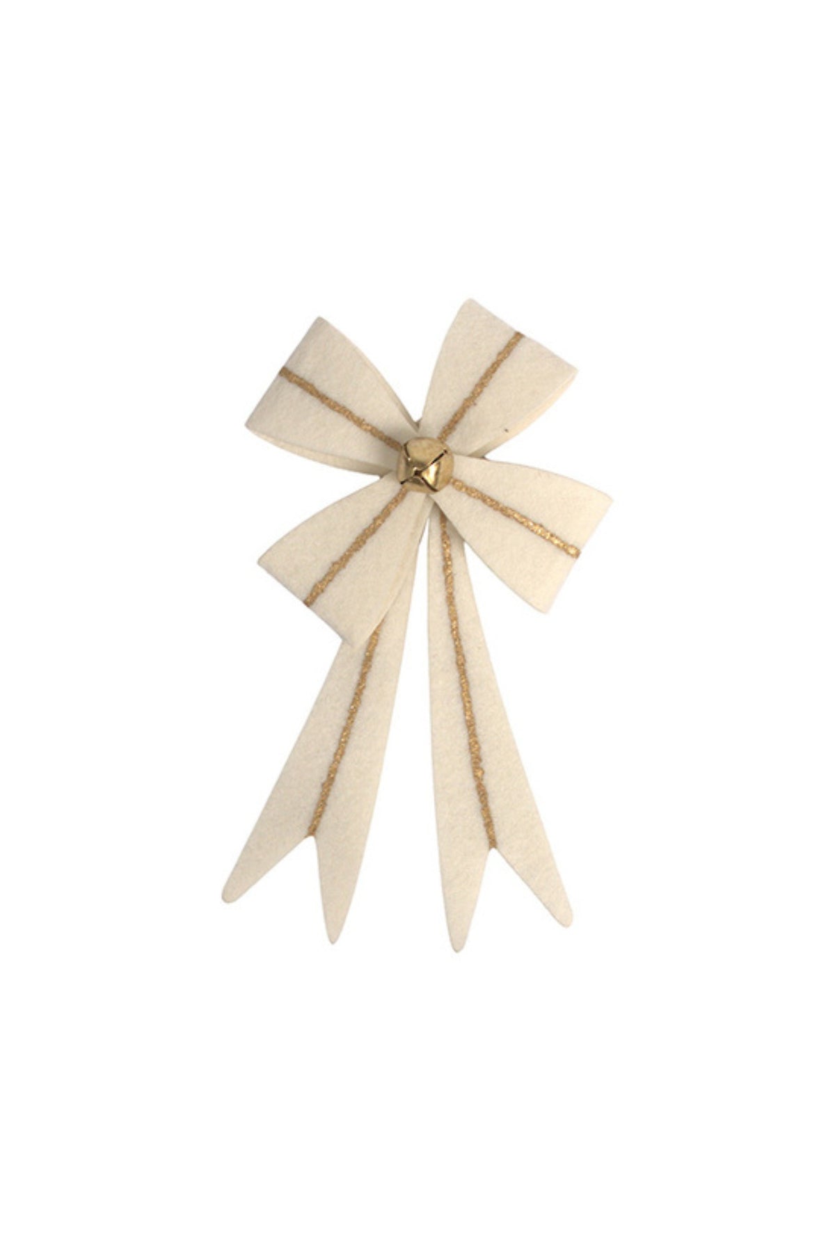 Ivory felt Christmas bow with gold edging and long tails, small (8.5cm W x 16.5cm H)