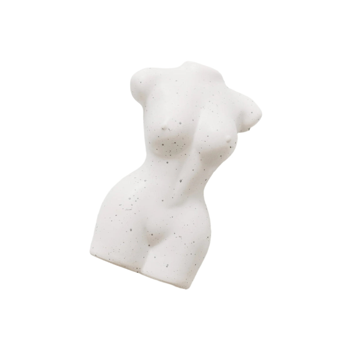 Mini speckled ceramic female form figure vase, angled view on white