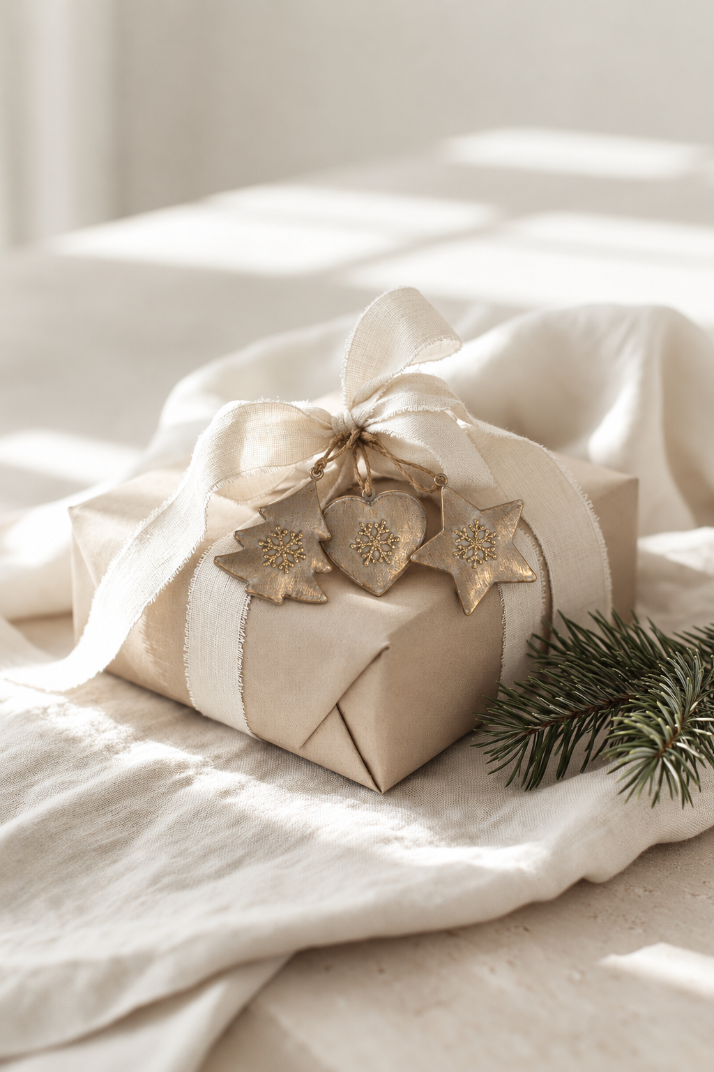 Filigree Trio tree, heart and star decorations tied as gift toppers on a kraft-wrapped present with cream ribbon