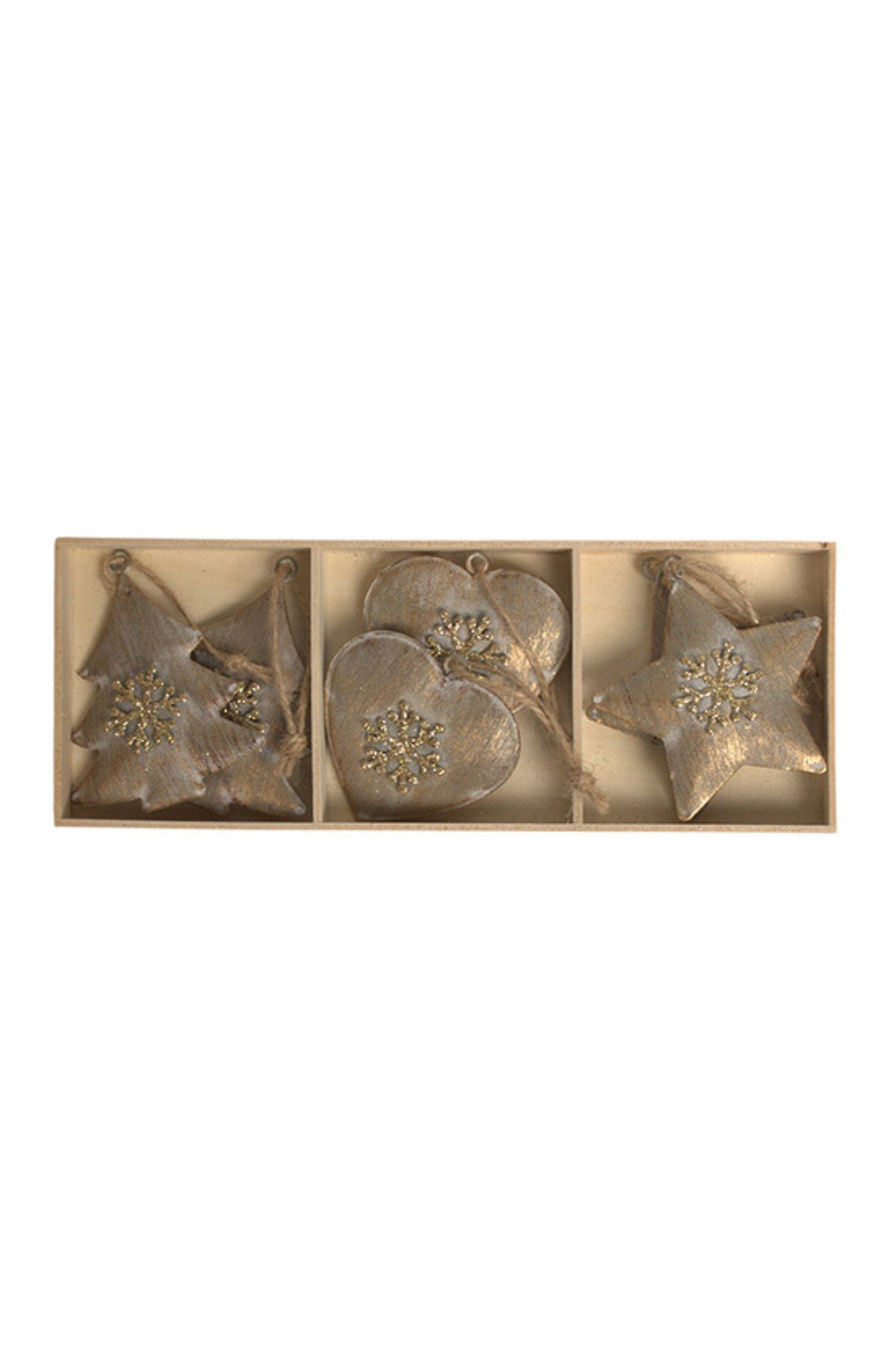 Three brushed champagne metal hanging decorations shaped as a tree, a heart and a star