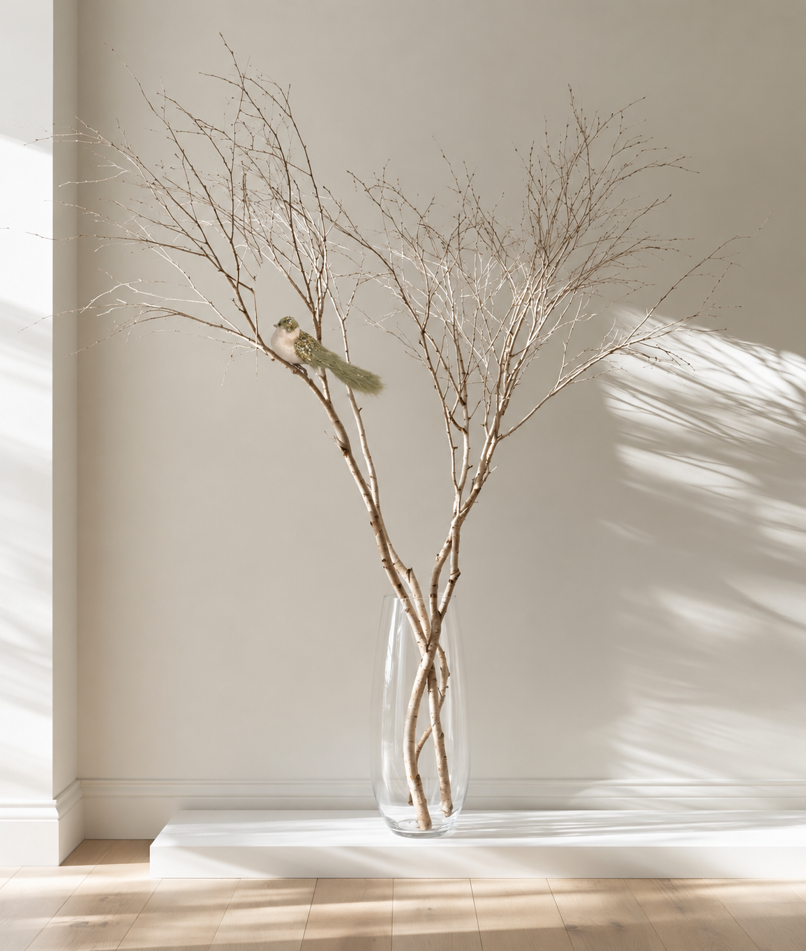 Forest Finch Queen clip-on bird perched on bare branches in a tall glass vase in a sunlit room