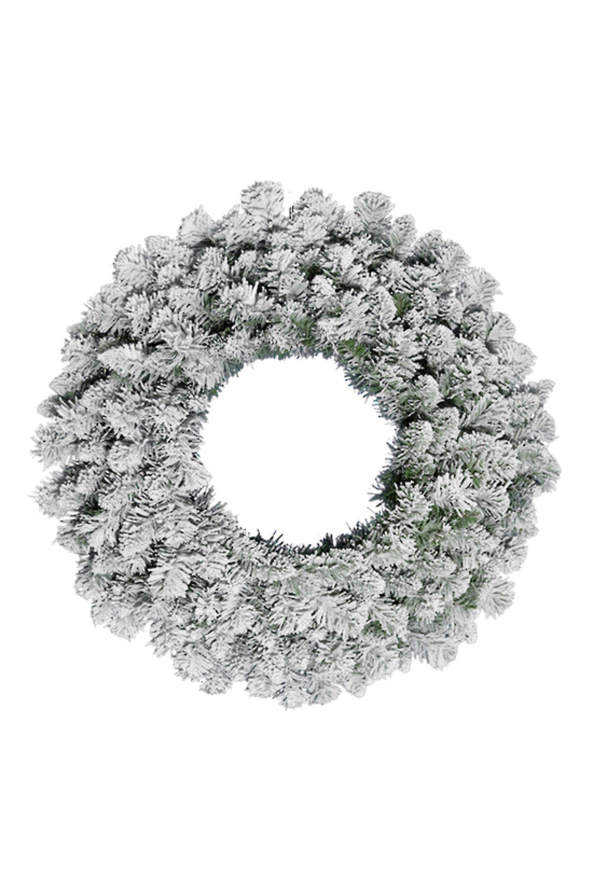 Snow-flocked artificial Christmas wreath with frosted white tips over green, 60cm