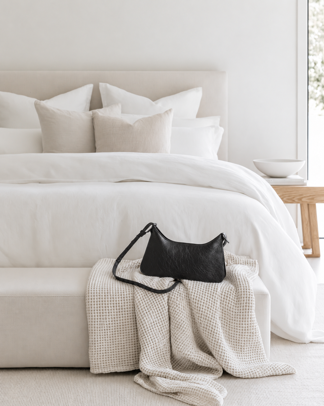 Federation Never Bag in black leather on a knitted throw at the end of a made bed
