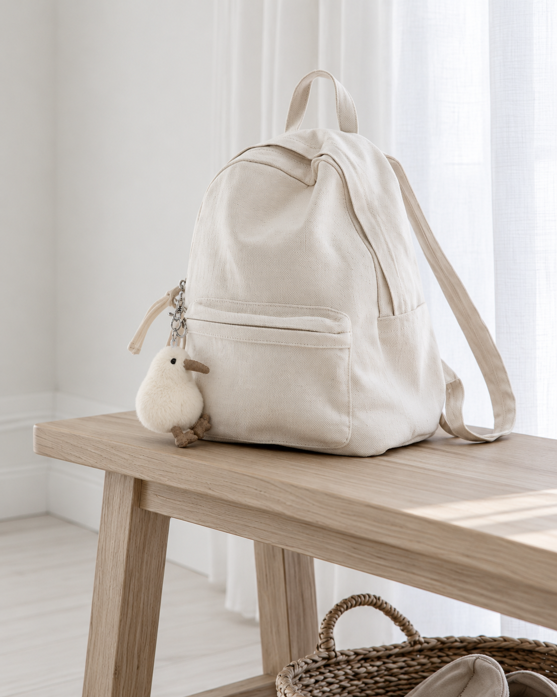 Koko the Kiwi bag charm in White by Lily & George clipped to a cream backpack resting on a timber entry bench