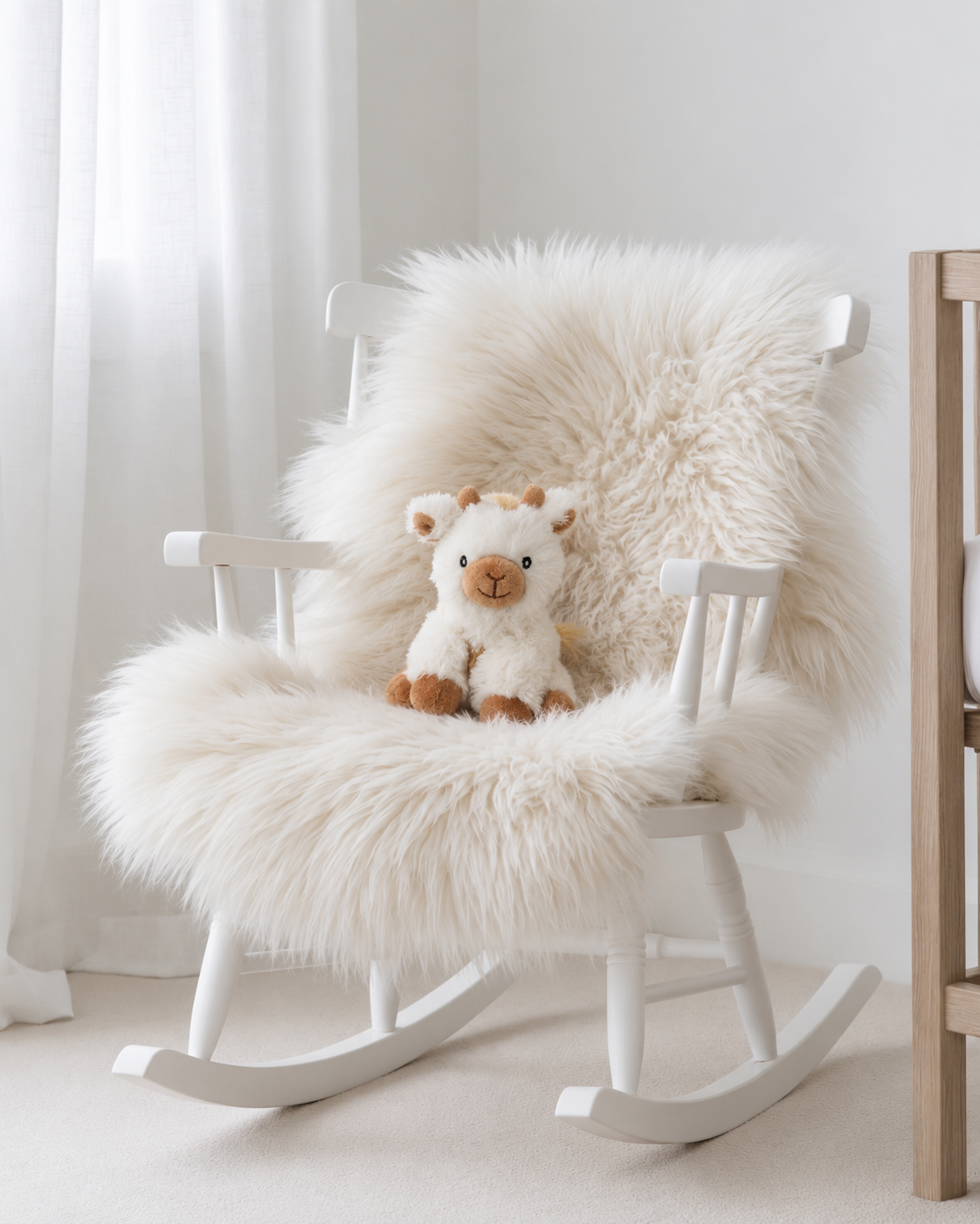 Juno the Giraffe mini soft toy by Lily & George sitting on a sheepskin draped over a white rocking chair in a nursery