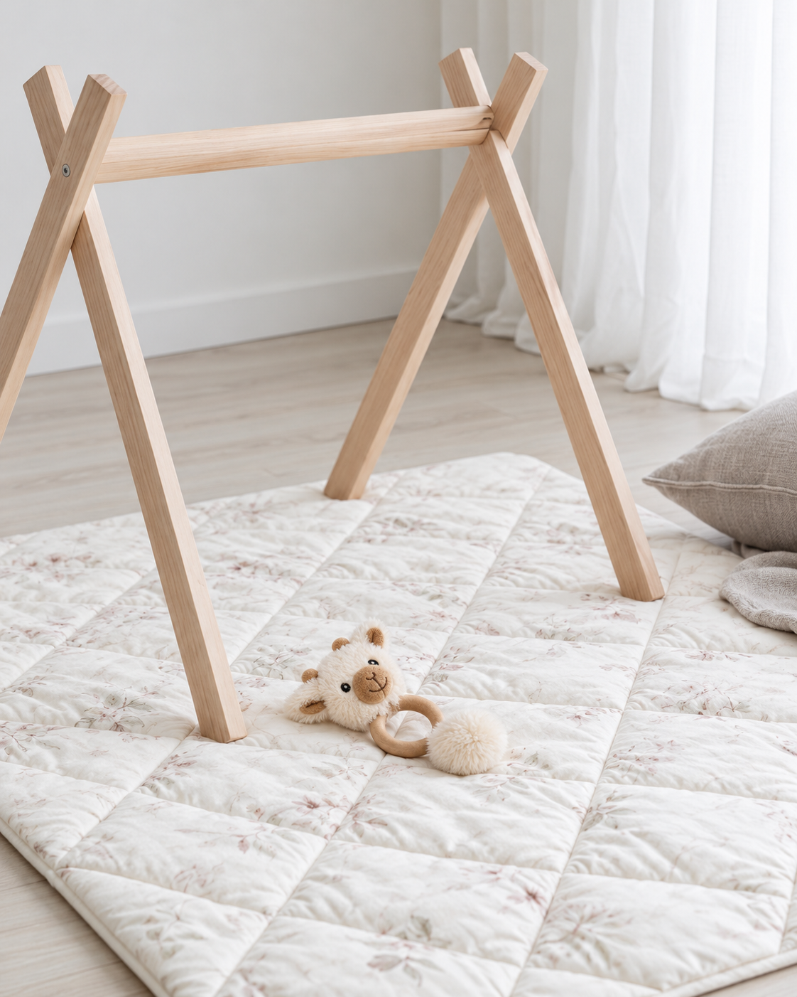 Juno the Giraffe baby teether by Lily & George lying on a quilted play mat under a timber baby play gym
