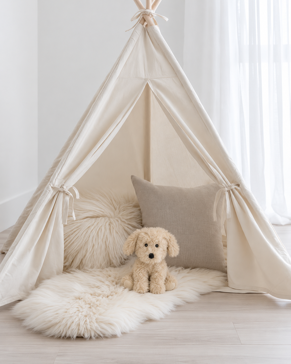 Milo the Puppy mini soft toy by Lily & George sitting on a sheepskin inside a cream canvas play tent