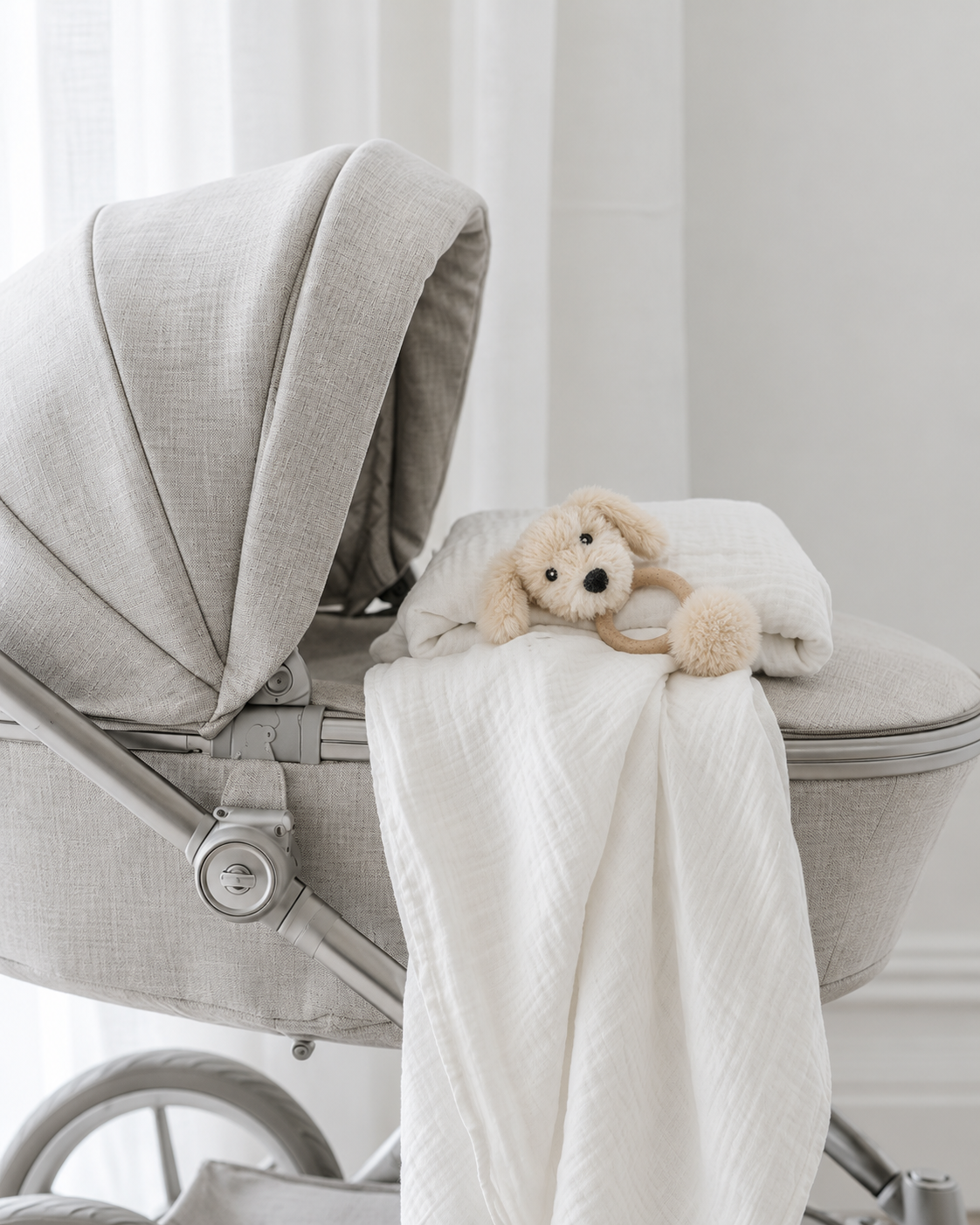 Milo the Puppy baby teether by Lily & George resting on a folded muslin wrap in a linen pram