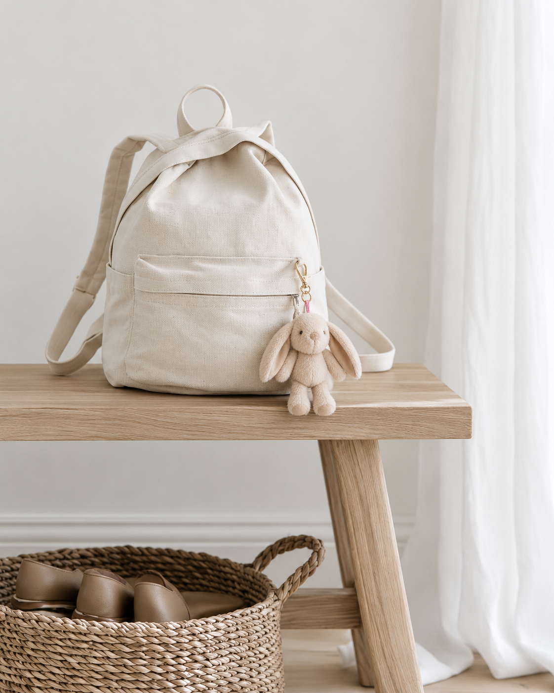Littlefoot Bunny bag charm in Biscuit by Lily & George clipped to a canvas backpack on a timber entry bench