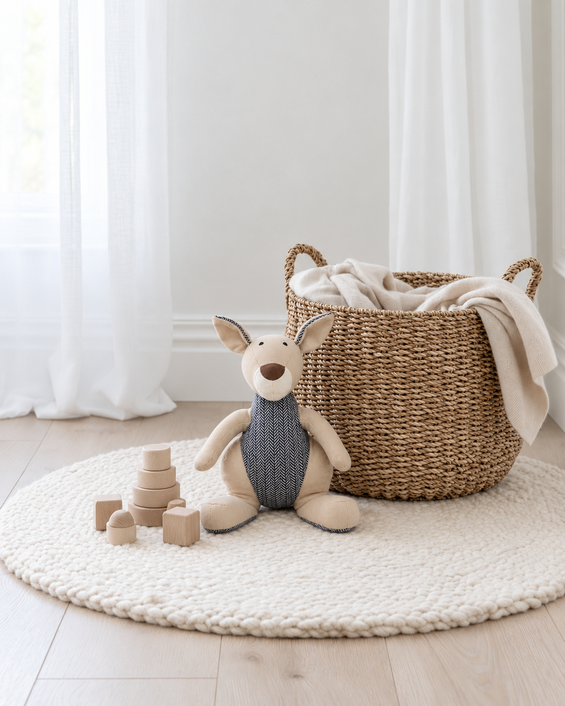Kazza Kangaroo soft toy by Lily & George sitting on a round wool rug beside a woven basket and wooden stacking toys