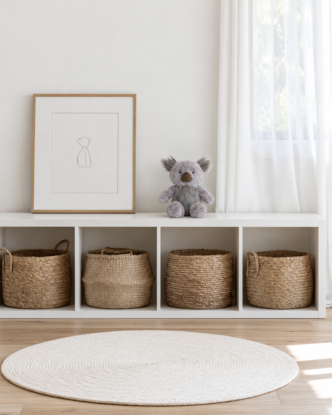Kenny Koala mini soft toy by Lily & George sitting on white cube storage with woven baskets