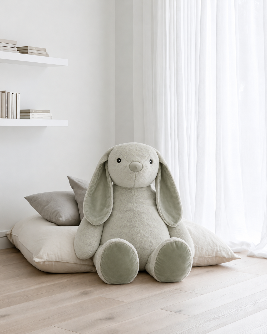 Giant Flopsy Bunny in Jade by Lily & George sitting on an oak floor against floor cushions in a reading nook
