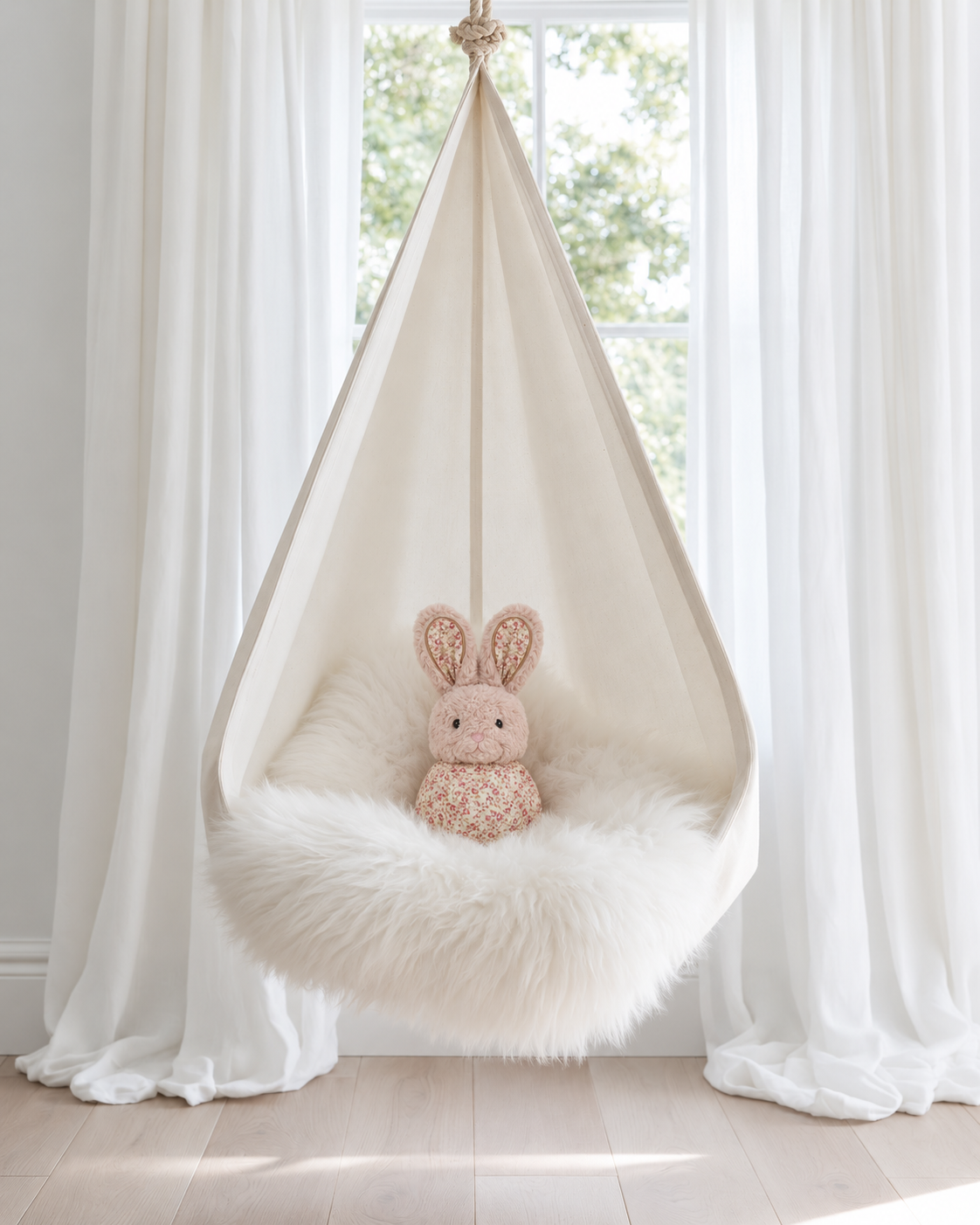 Bailee ball comforter bunny by Lily & George sitting on a sheepskin in a cream hanging chair by a window