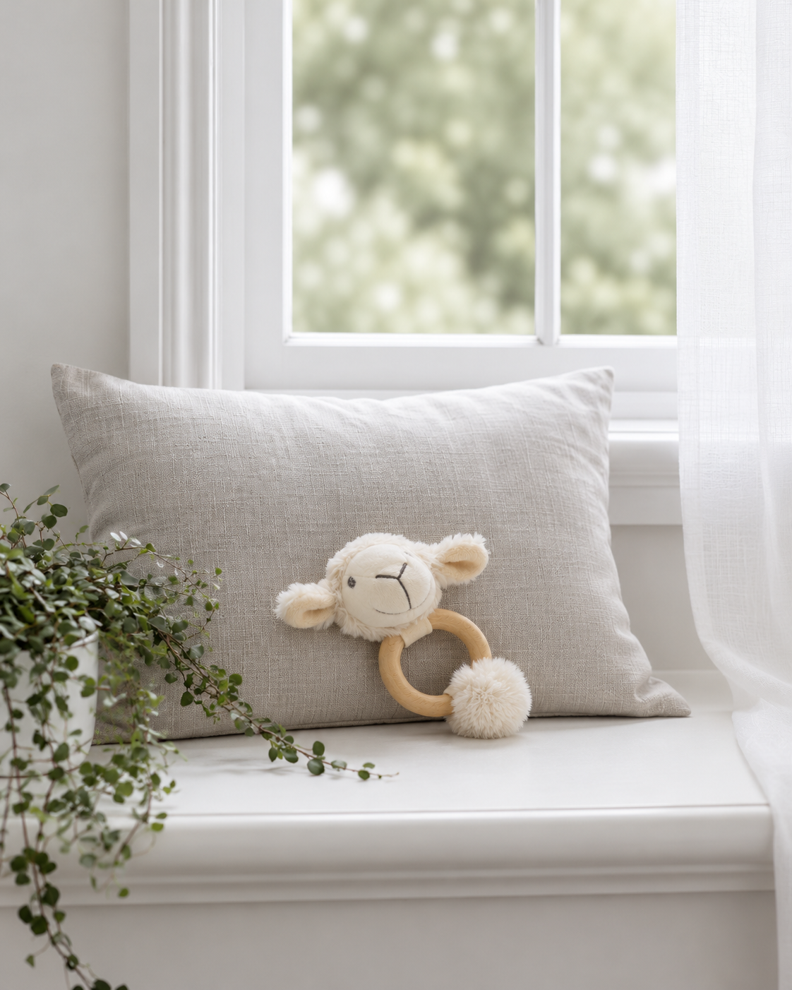 Liam the Lamb baby teether by Lily & George resting against a linen cushion on a sunny windowsill