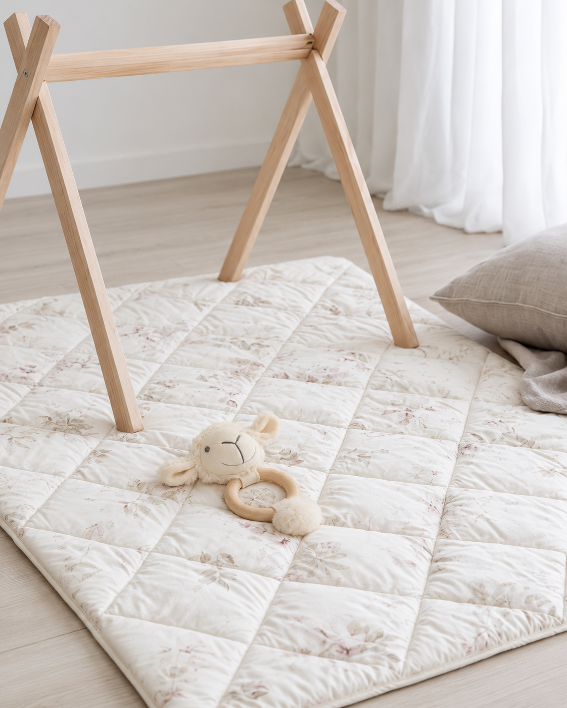 Liam the Lamb baby teether by Lily & George lying on a quilted play mat under a timber baby play gym