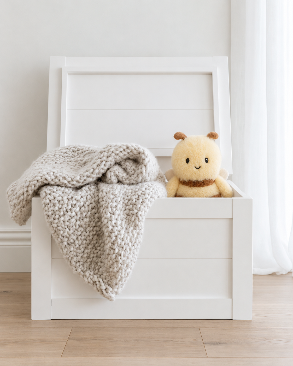 George the Bee mini soft toy by Lily & George peeking out of a white wooden toy box beside a chunky knit blanket