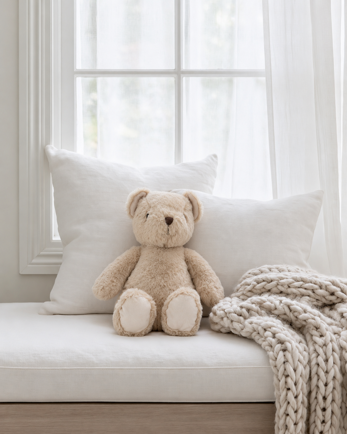 Flopsy Bear in Fawn soft toy by Lily & George sitting on a white linen window seat with a chunky knit throw