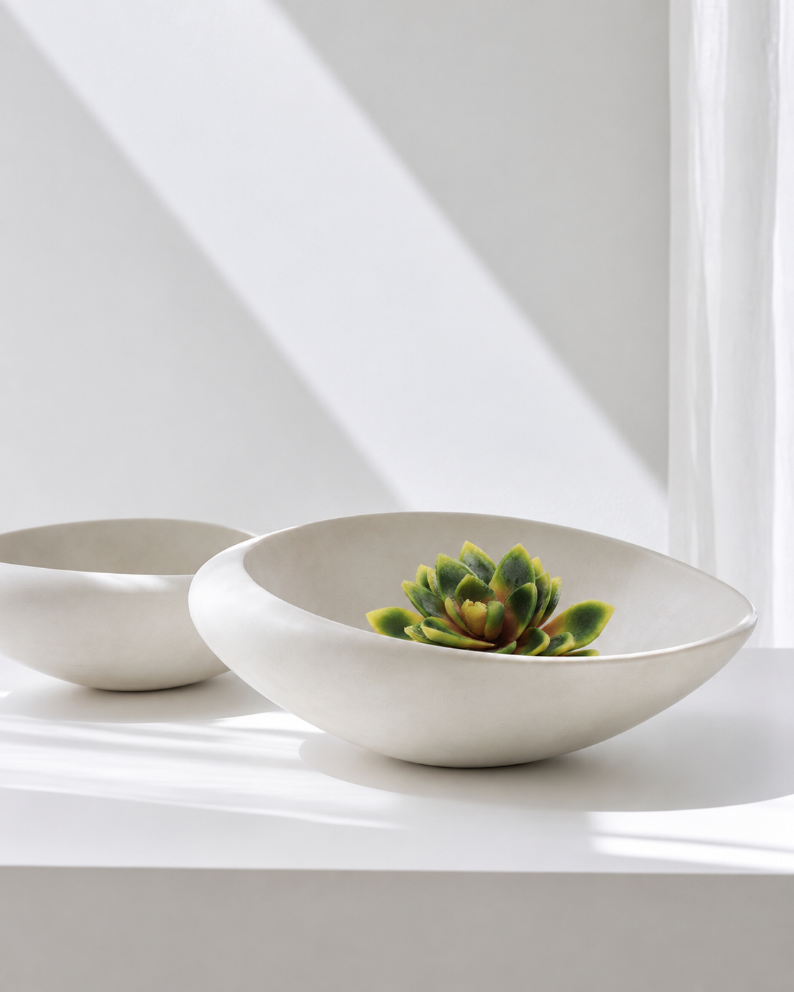 Lotus succulent pick sitting low in a shallow white ceramic bowl on a bathroom ledge