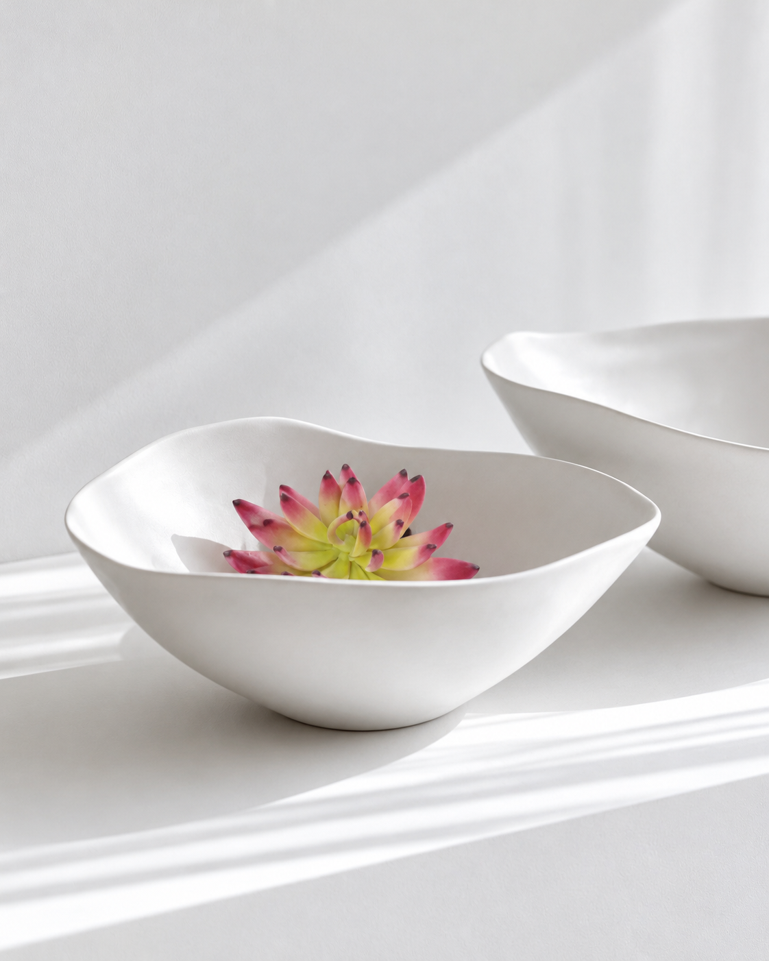 Cerise albiflora sedum pick sitting low in a shallow white ceramic bowl on a bathroom ledge