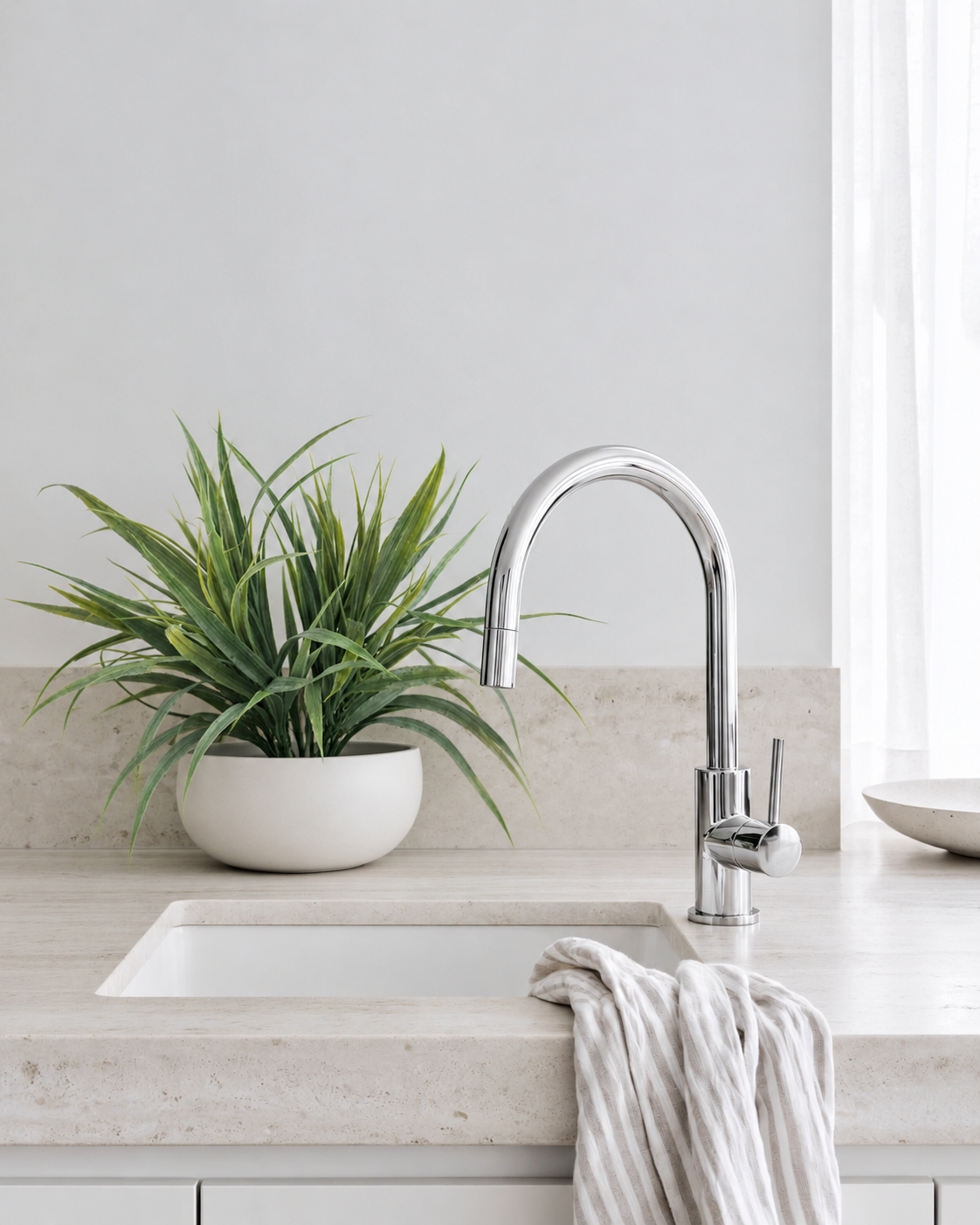 Ryegrass bush on a kitchen bench beside the tap