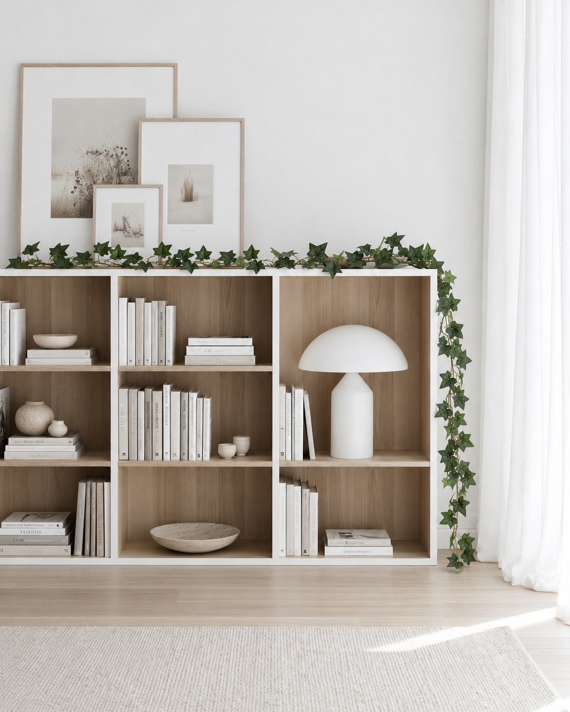 Mini English ivy garland draped along the top of a shelving unit and trailing down the side