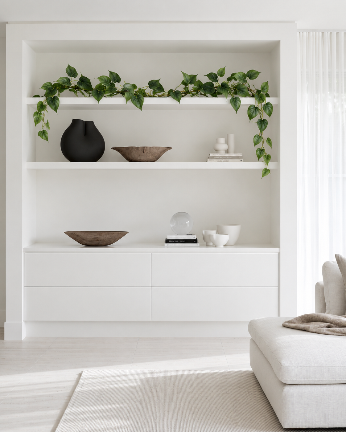 Philodendron garland draped along the top of open shelving and trailing over the edge