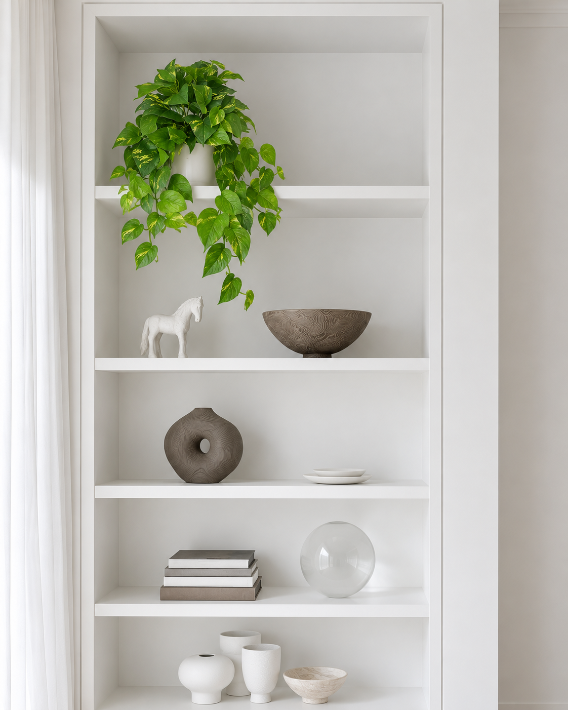 Variegated pothos bush on the top shelf of white built-in shelving with stems trailing over the edge
