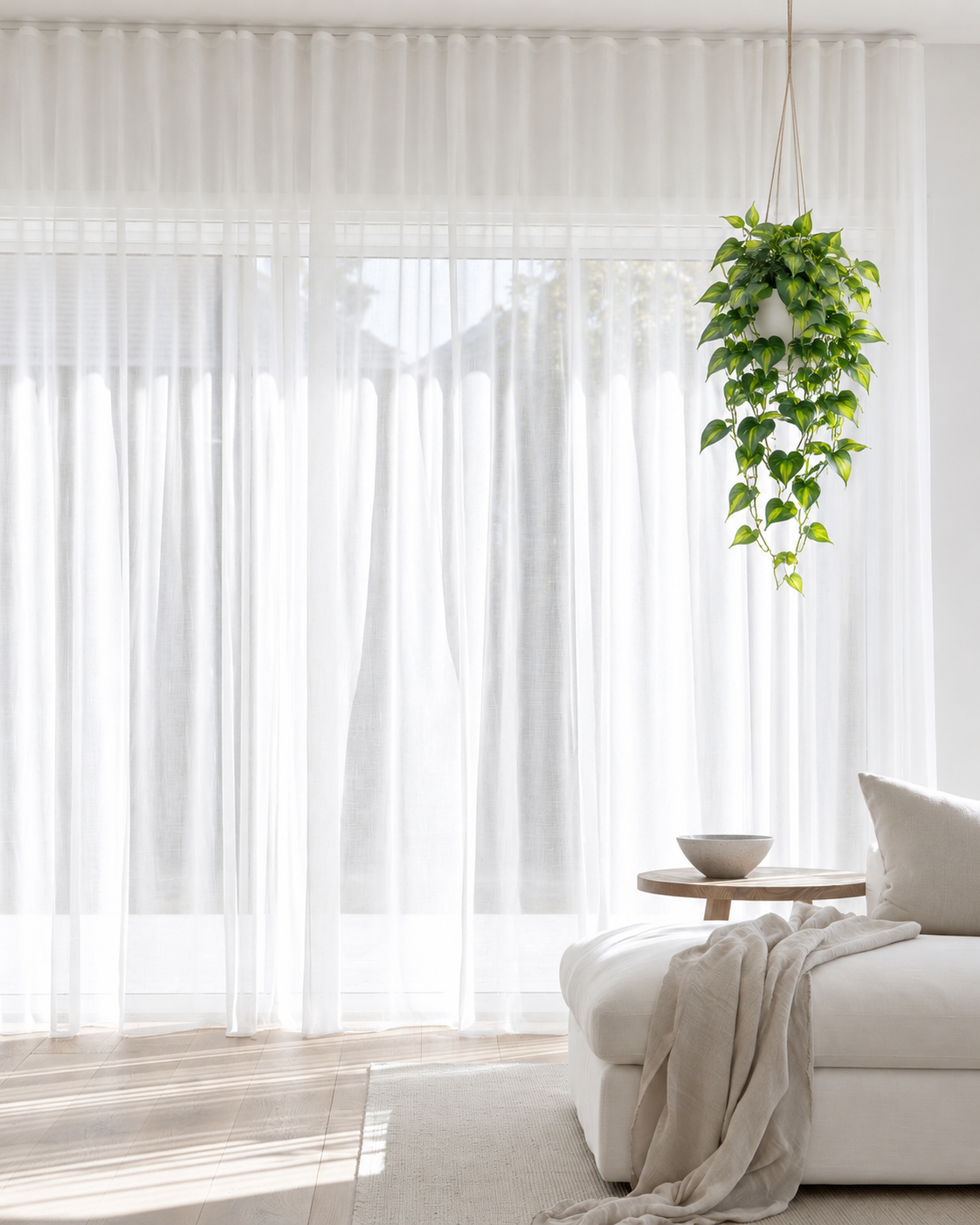Holland philodendron bush in a white hanging pot near sheer curtained windows
