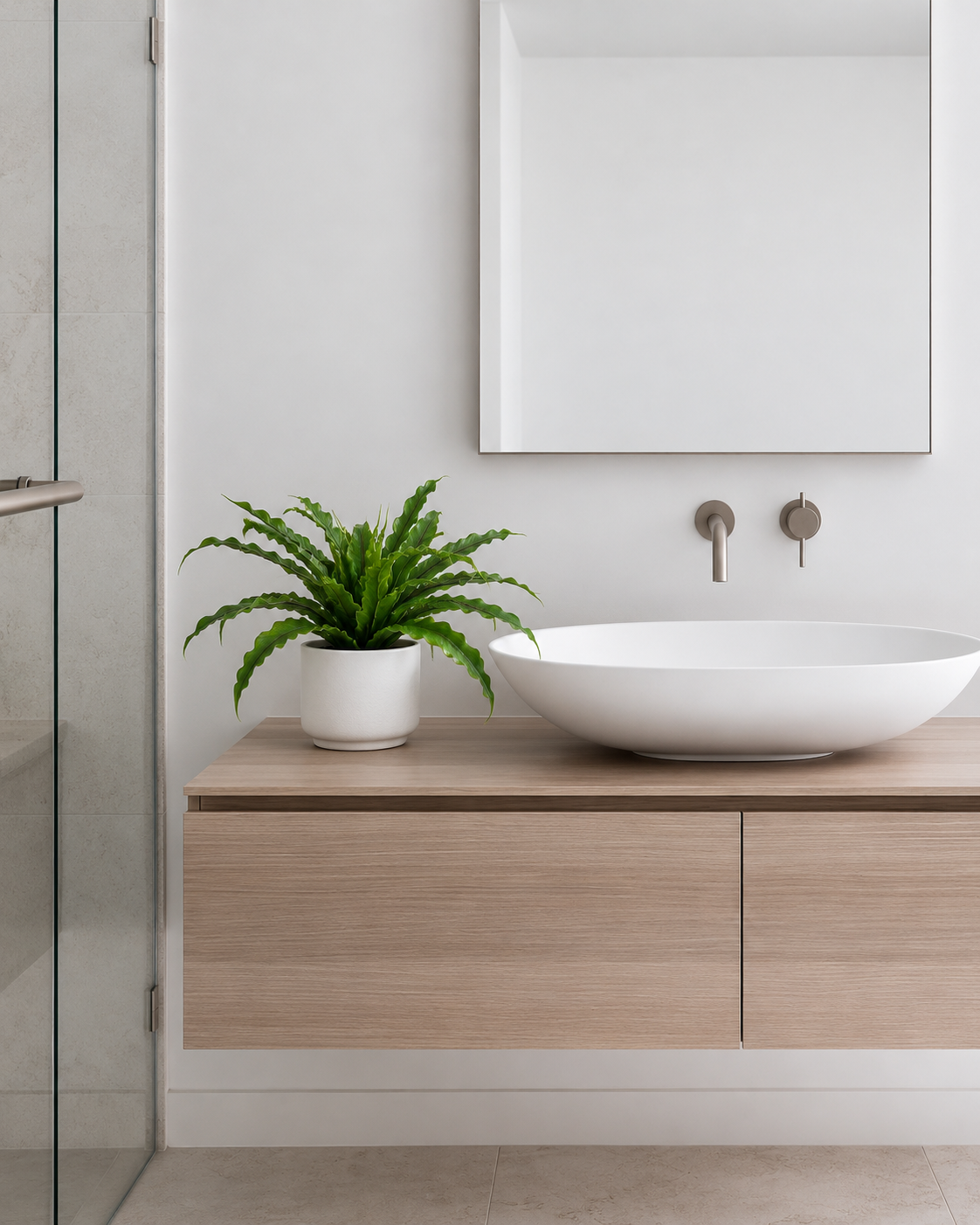 Bird's Nest Fern Bush in a small low plain white ceramic pot on the vanity top to one side of the basin
