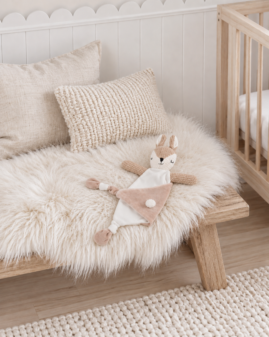 Wild Ones deer comforter on a sheepskin in a kids room