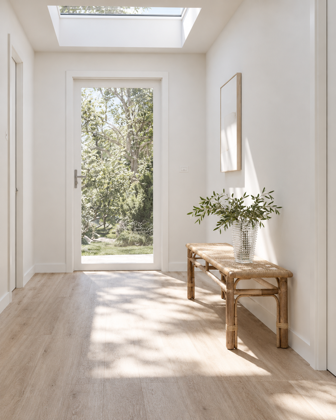 Facet rectangular cut glass vase with greenery on a rattan bench in a hallway