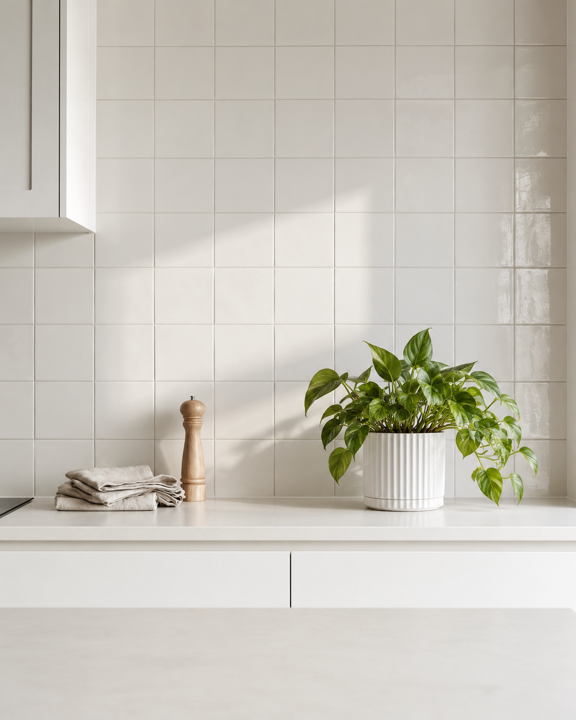 White Athens ribbed planter with a pothos on a white tiled kitchen bench