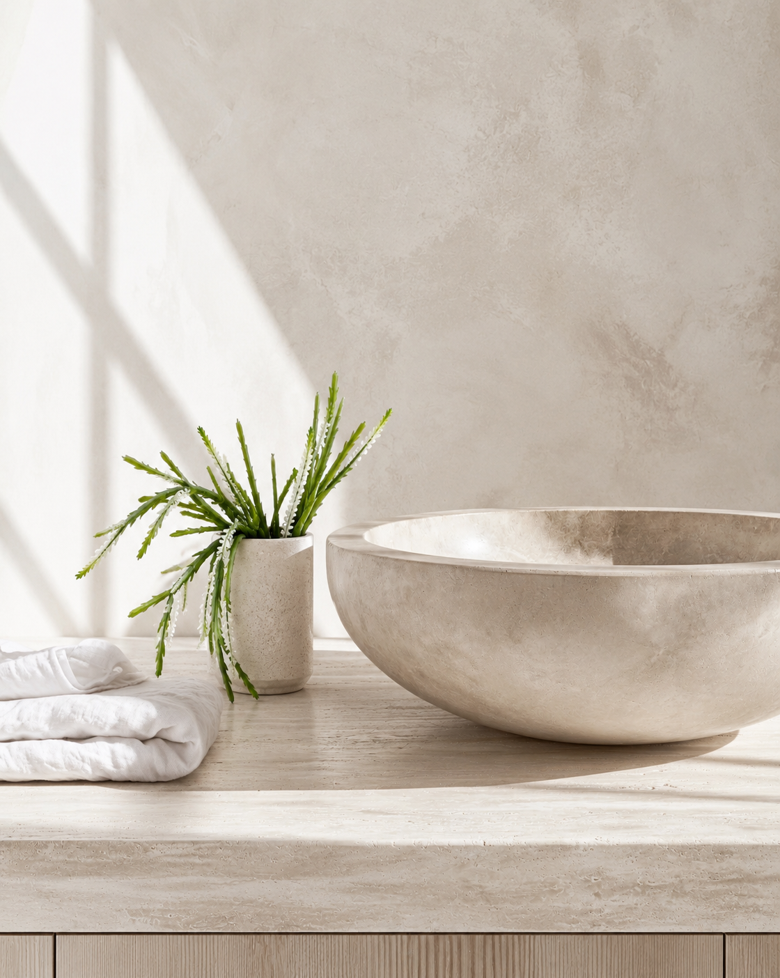 Faux rhipsalis stems with white flowers in a small stone vase beside a stone basin