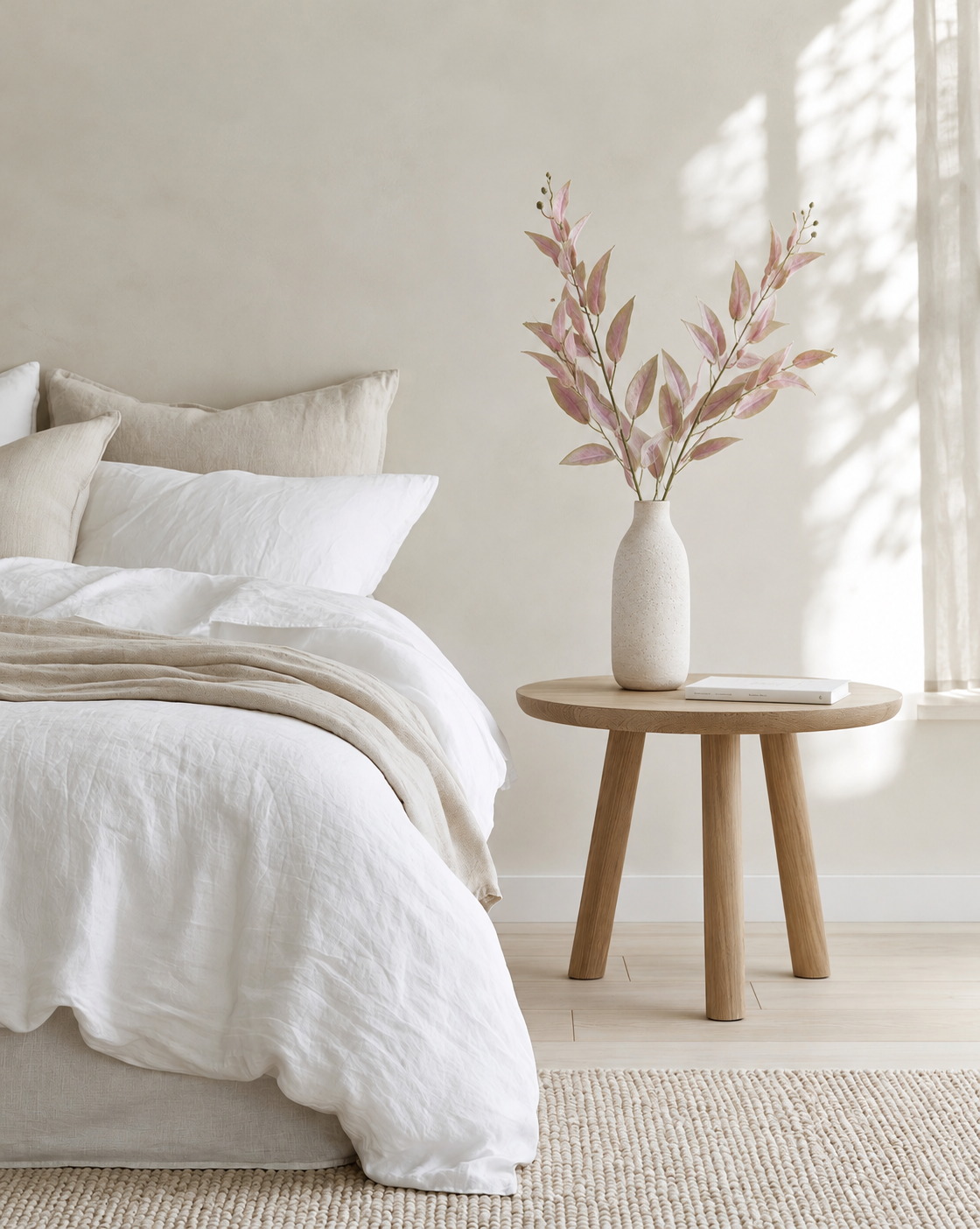 Garden Sage Spray in pink and sage green in a slim stone vase on a round oak bedside table