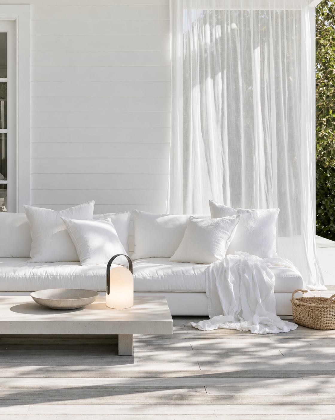 Hampton LED Lantern glowing on an outdoor coffee table beside a stone bowl