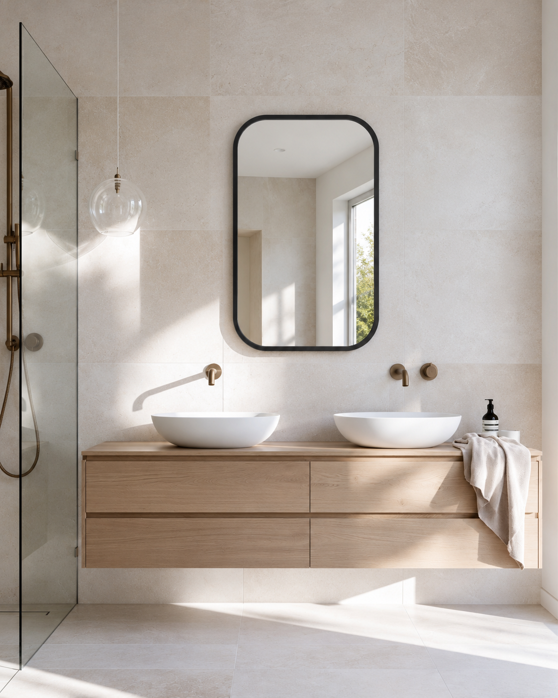 Umbra Hub rectangle mirror with black rubber frame above an oak floating double vanity