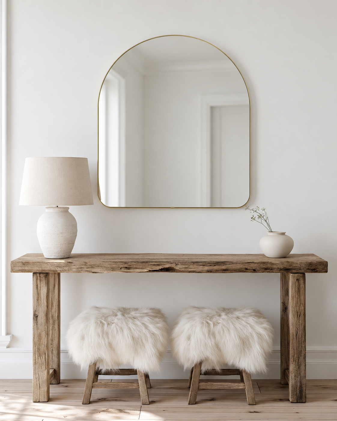 Umbra Hubba arched mirror in brass above a rustic console with sheepskin stools
