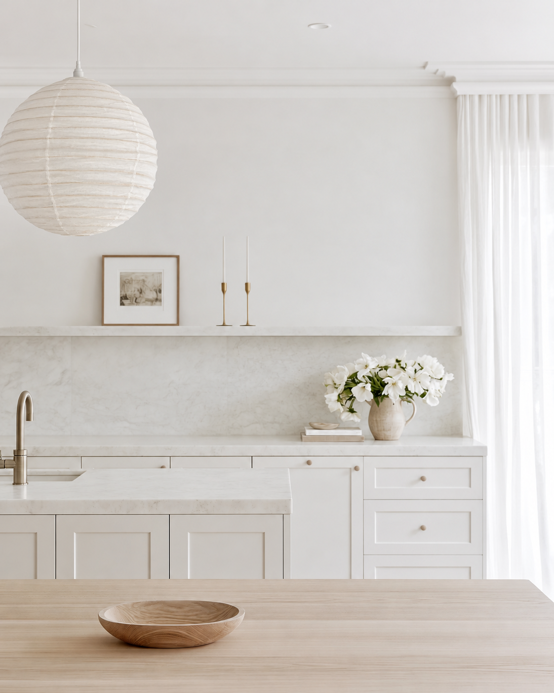 White Linen Round Shade hanging above the timber table