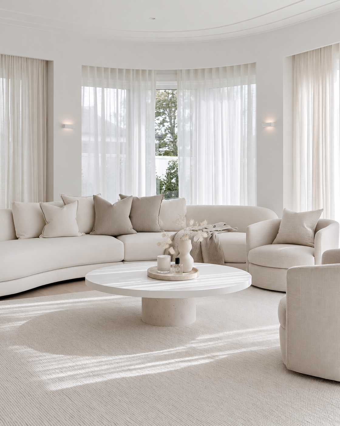 Moon Round Travertine Tray on the round white coffee table